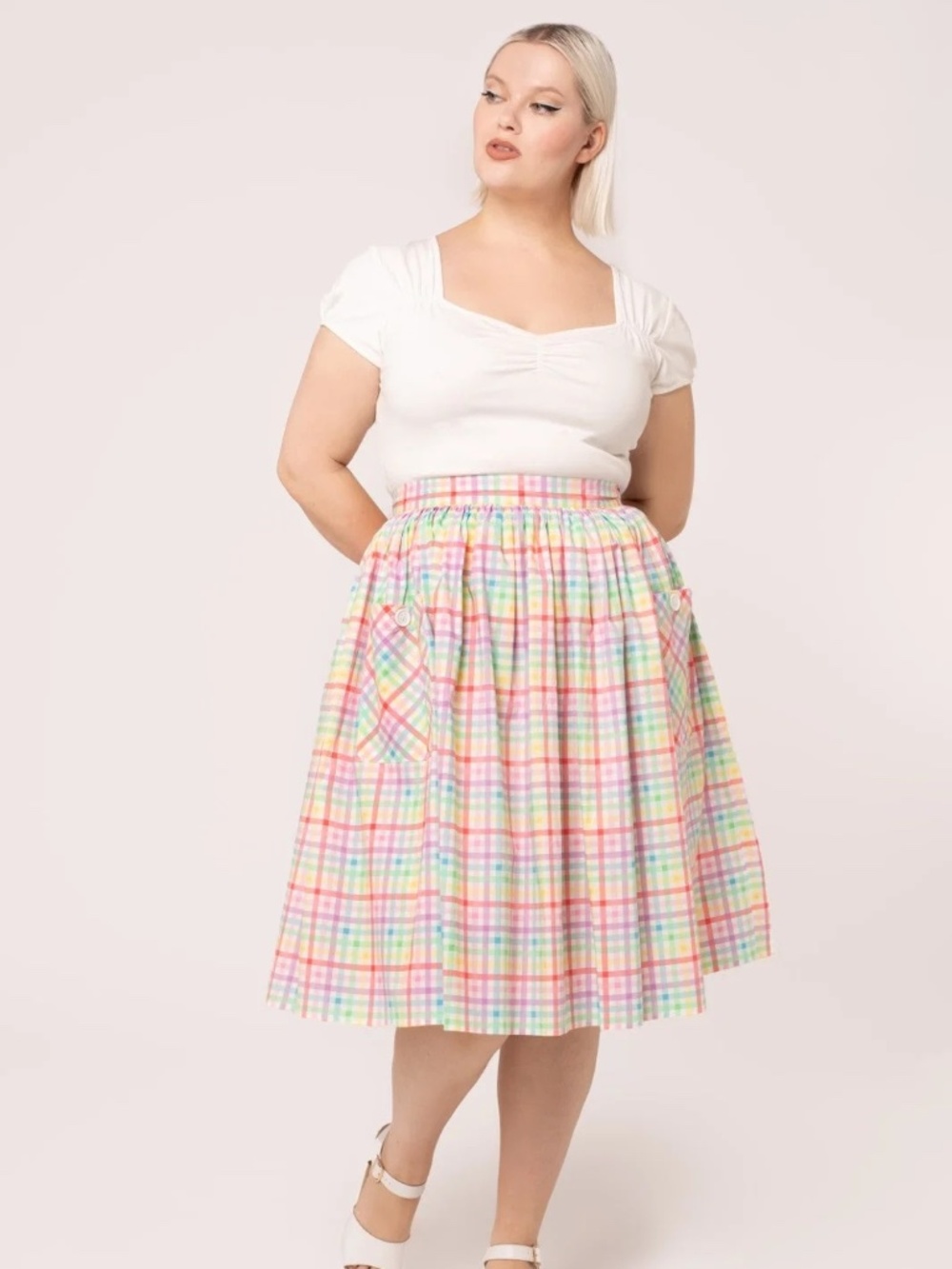 Hell Bunny Pastel Rainbow Plaid Skirt- Size M, L, 3XL, 4XL